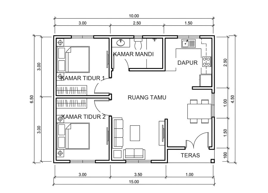 Gambar denah tipe 45/90: dua kamar tidur, kamar mandi, dapur, ruang tamu, dan teras.