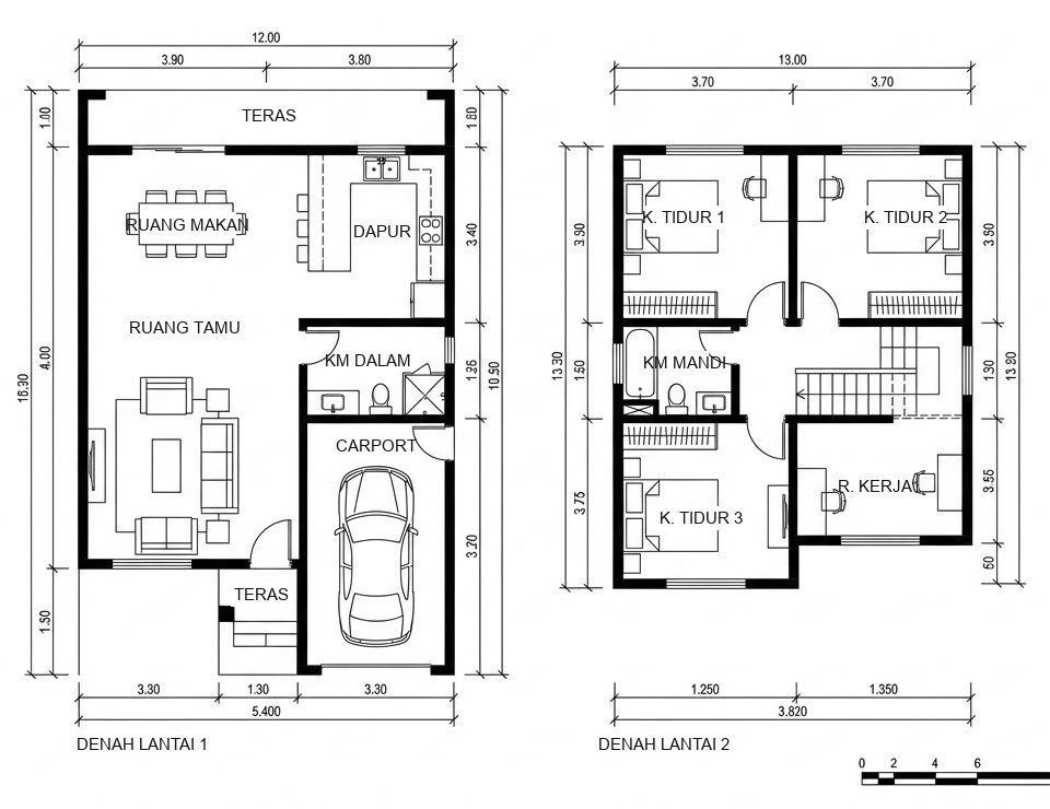 Gambar denah tipe 60/108: lantai satu berisi ruang tamu, dapur, dan carport; lantai dua berisi tiga kamar tidur.