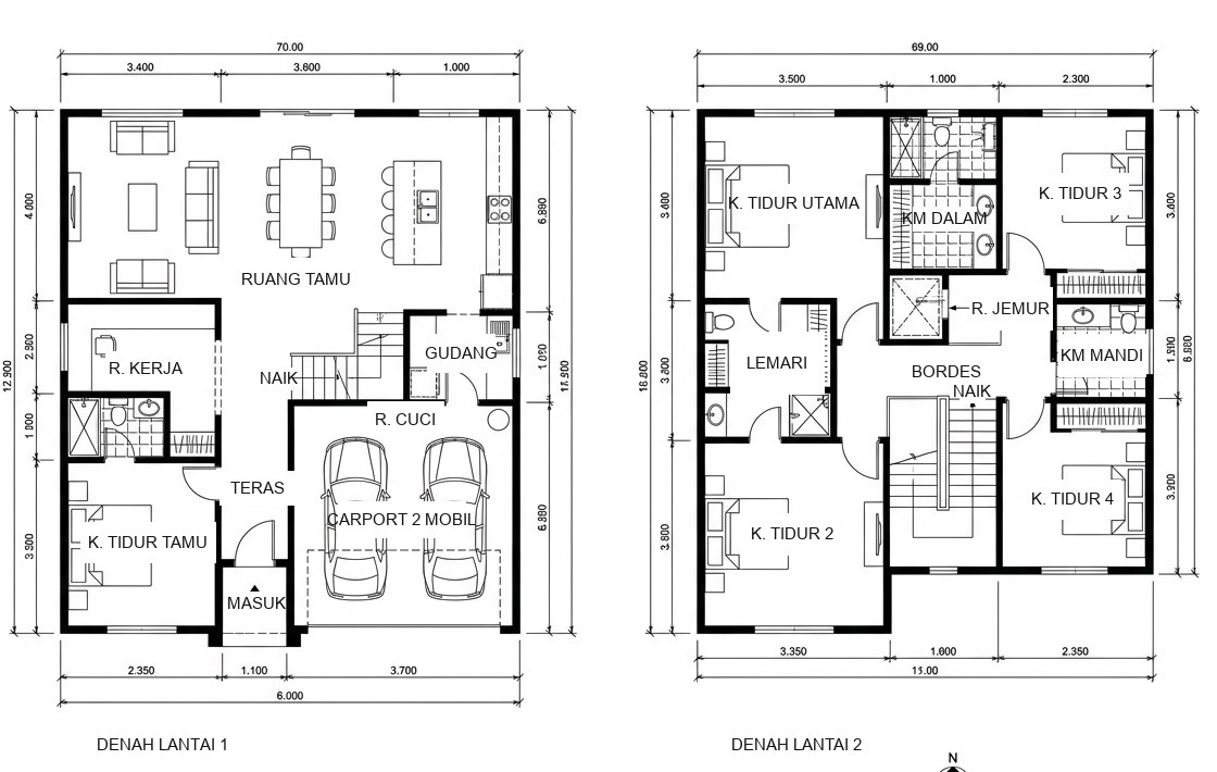 Gambar denah tipe 70/126: lantai satu berisi ruang tamu, ruang kerja, kamar tidur tamu, dan carport dua mobil; lantai dua berisi empat kamar tidur.