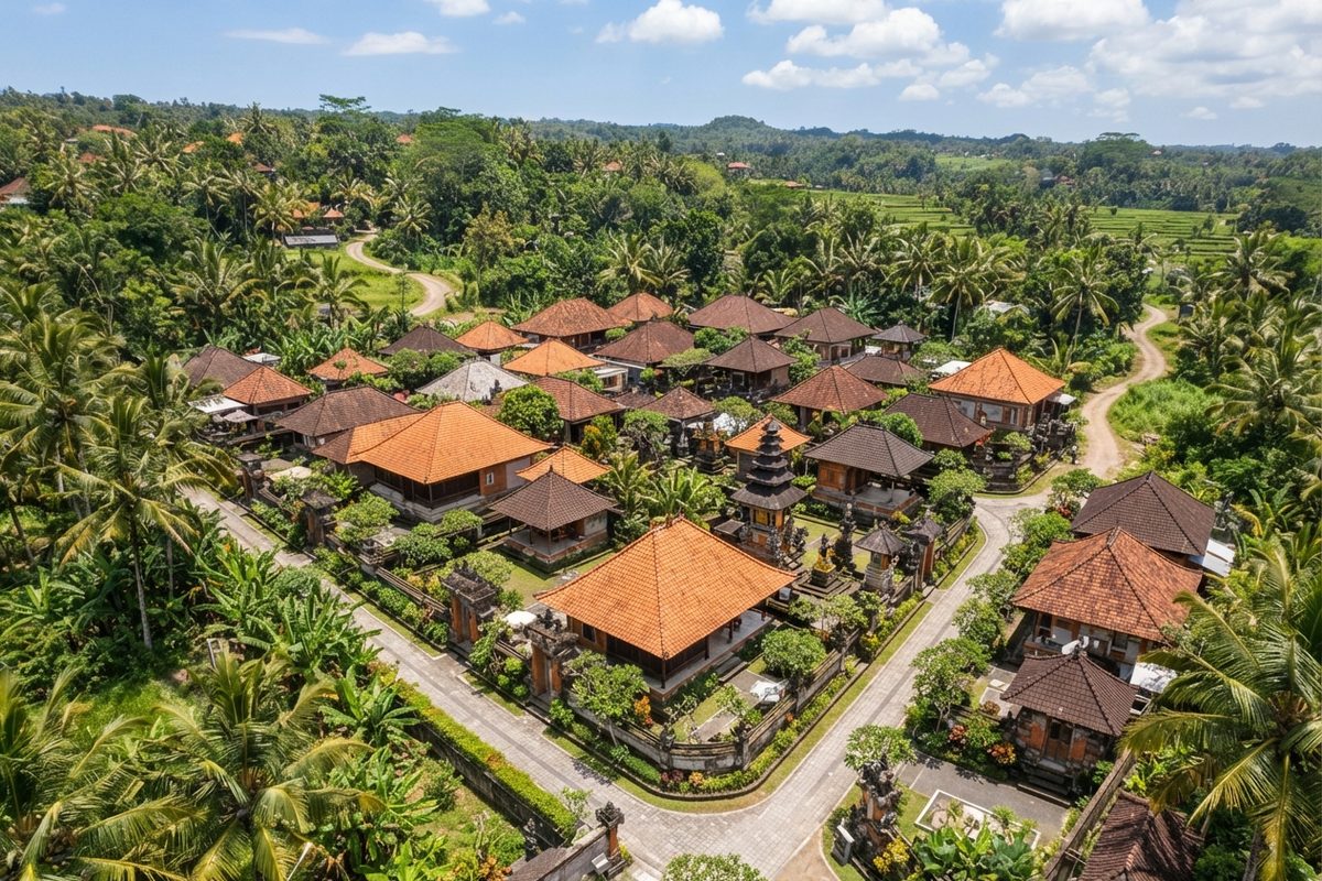 Foto udara klaster perumahan bergenteng tanah liat di antara pohon kelapa.