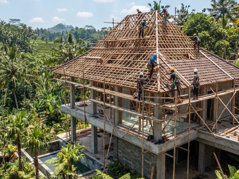 Rangka atap kayu sedang dipasang di atas struktur beton lantai dua.