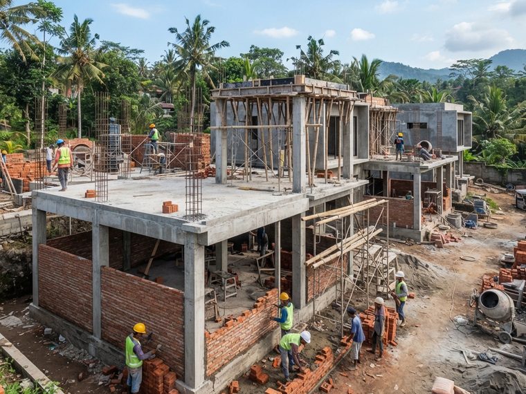 Struktur beton lantai satu sudah berdiri dan dinding bata sedang dipasang.