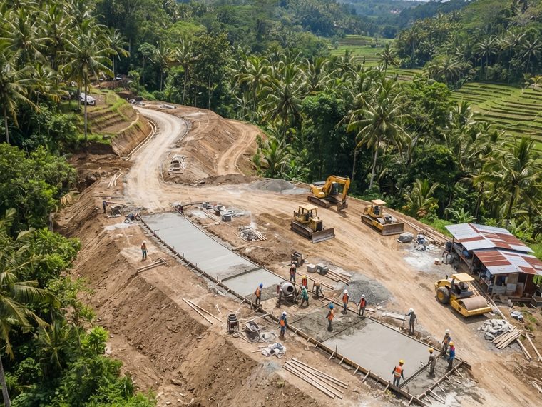 Lahan yang sudah diratakan dengan jalan lingkungan yang sedang dicor.