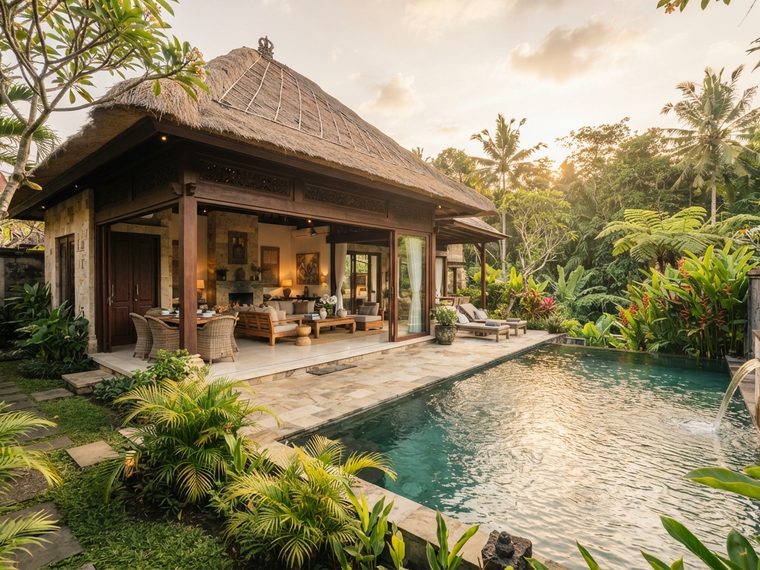 Rumah contoh satu lantai beratap sirap dengan ruang tamu terbuka ke taman.