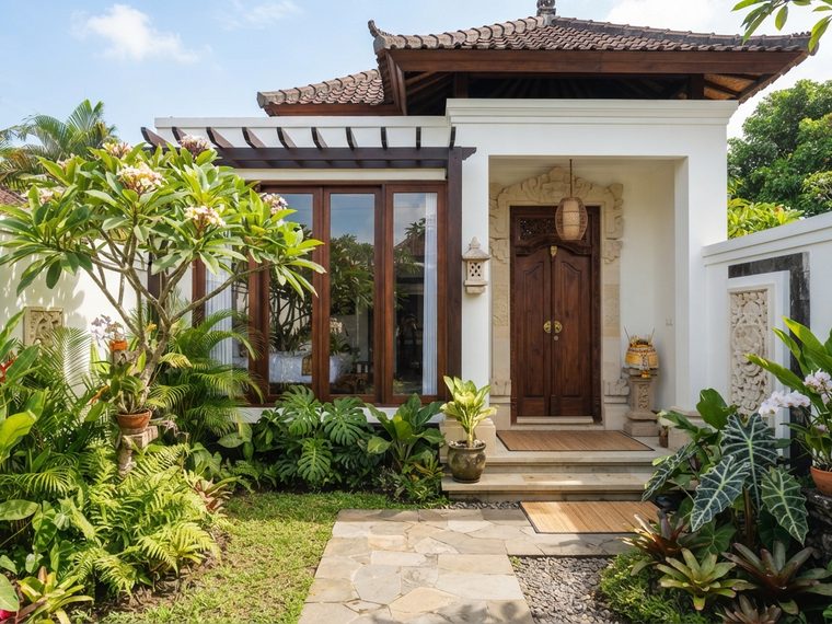 Tampak muka rumah contoh tipe 45/90 dengan dinding putih dan kusen kayu gelap.
