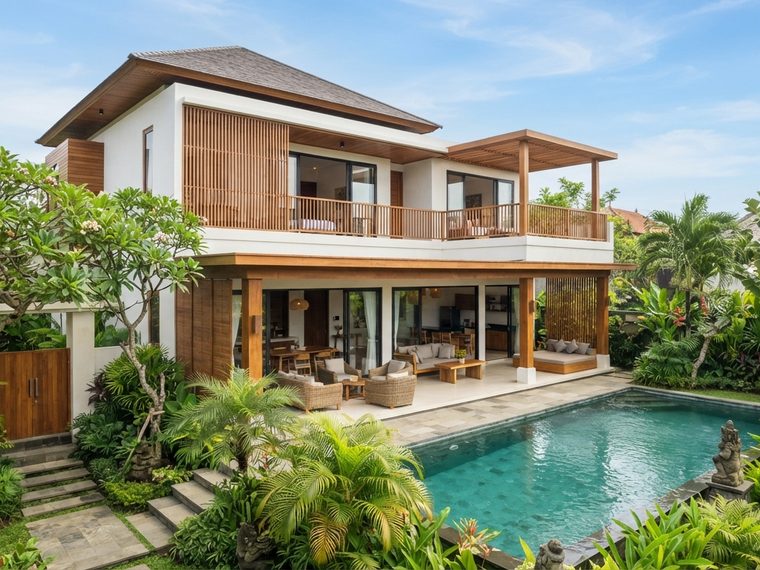 Rumah contoh dua lantai bergaya tropis dengan teras kayu di lantai atas.