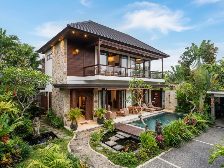 Rumah contoh dua lantai dengan dinding batu alam dan balkon kayu.