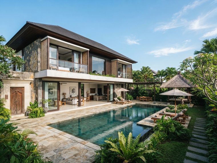 Rumah contoh dua lantai dengan bidang kaca lebar menghadap taman.